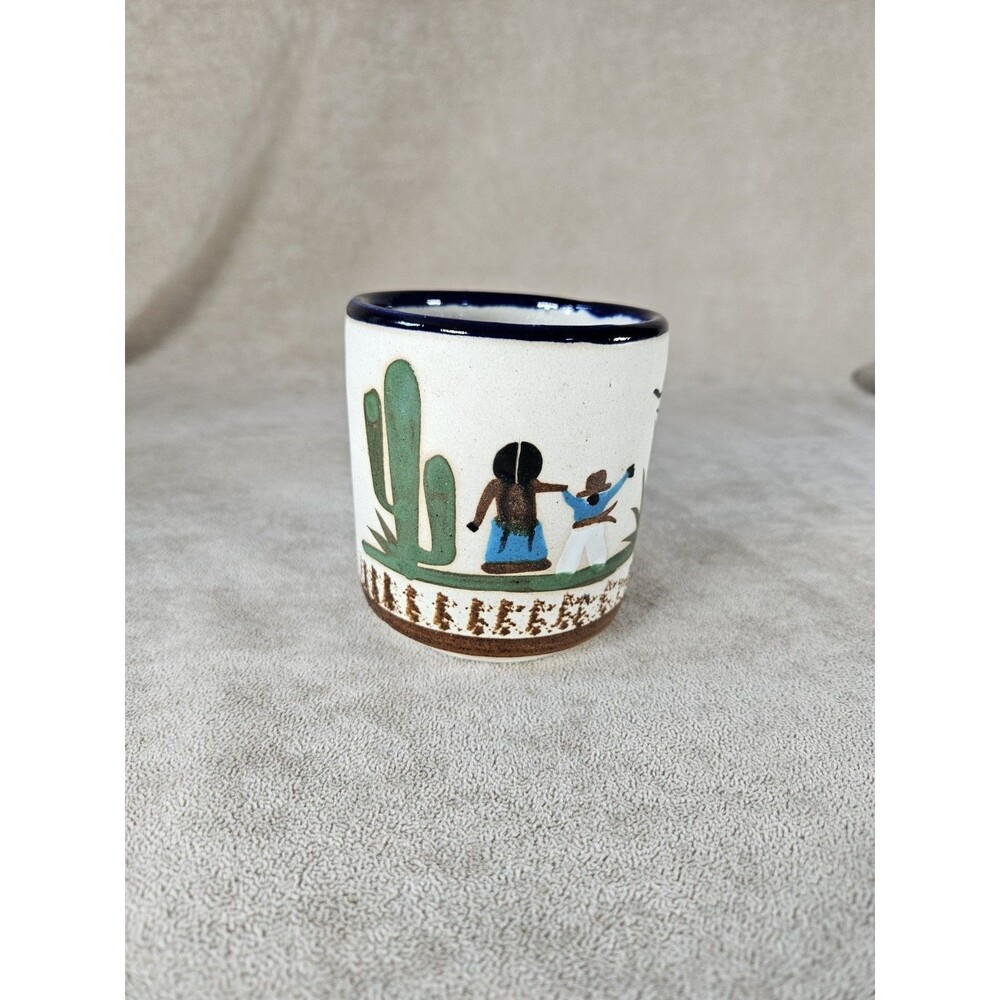 Tonala Pottery Coffee Mug Stoneware Mexico Hand Painted Cactus Signed Cup Vintag